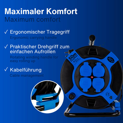 REV Kabeltrommel 50m Outdoor, IP44, 4 Schutzkontaktsteckdosen, blau