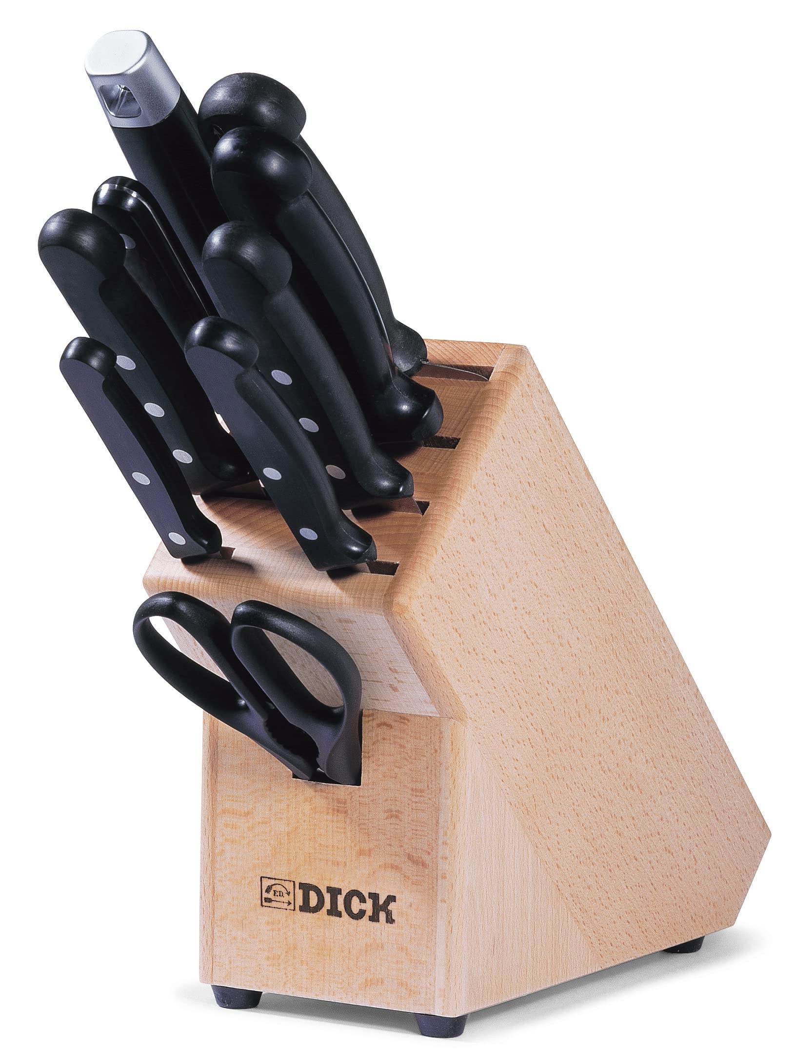 F. Dick Holzmesserblock Superior 9-teiliges Set 88080000: Ein brauner Holzblock mit Schlitzen zur sicheren und griffbereiten Aufbewahrung von neun Messern in der Küche.