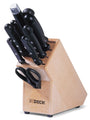 F. Dick Holzmesserblock Superior 9-teiliges Set 88080000: Ein brauner Holzblock mit Schlitzen zur sicheren und griffbereiten Aufbewahrung von neun Messern in der Küche.
