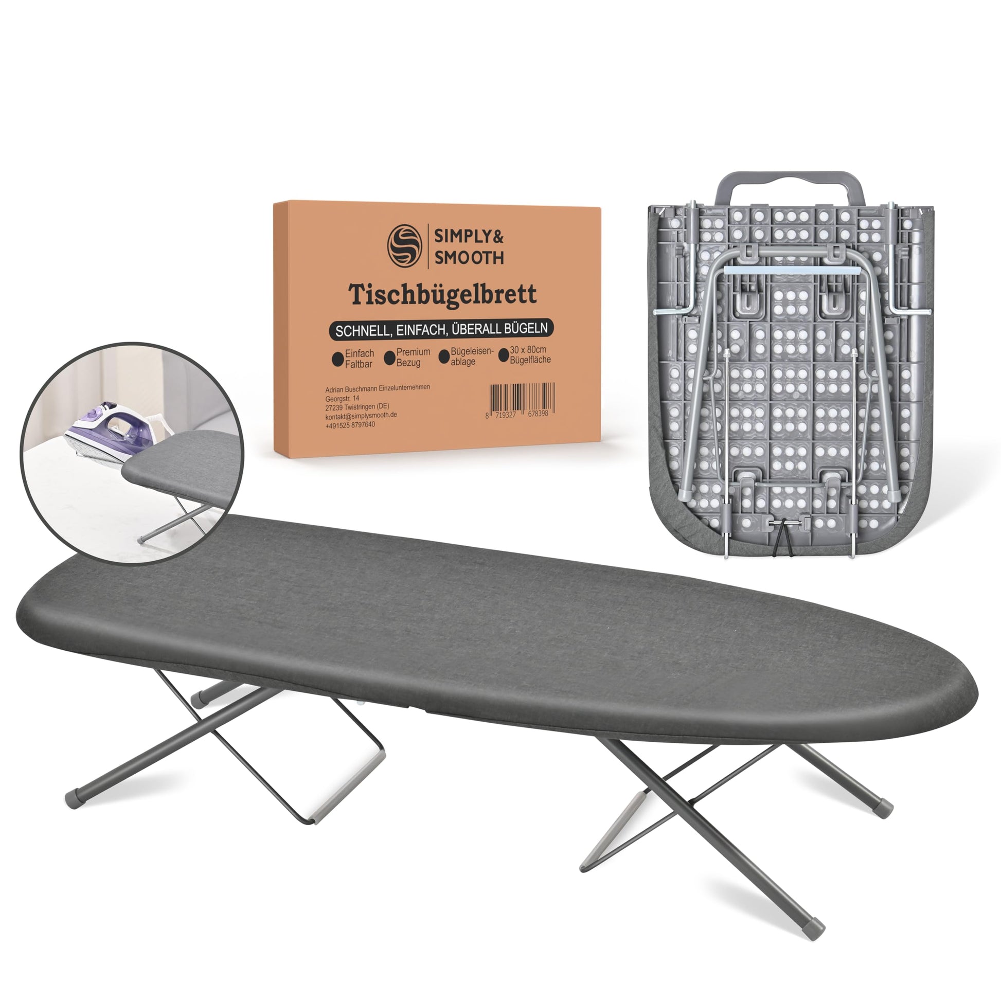 SimplySmooth Tischbügelbrett klappbar mit Bügeleisenablage 77x30 cm, Tragegriff und Gummifüsse