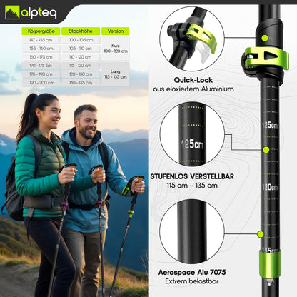 Alpteq Wanderstöcke faltbar aus Aluminium mit Korkgriff, Lime Green