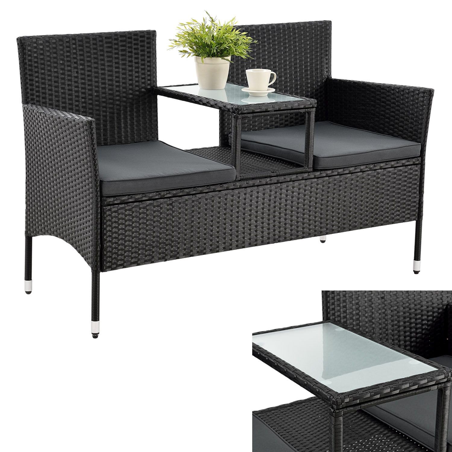 Juskys Polyrattan Gartenbank Monaco 2-Sitzer mit Tisch & Kissen schwarz. Bietet Sitzgelegenheit mit integriertem Tisch für zwei im Außenbereich.