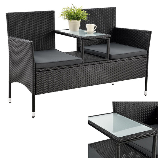 Juskys Polyrattan Gartenbank Monaco 2-Sitzer mit Tisch & Kissen schwarz. Bietet Sitzgelegenheit mit integriertem Tisch für zwei im Außenbereich.