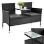 Juskys Polyrattan Gartenbank Monaco 2-Sitzer mit Tisch & Kissen schwarz. Bietet Sitzgelegenheit mit integriertem Tisch für zwei im Außenbereich.