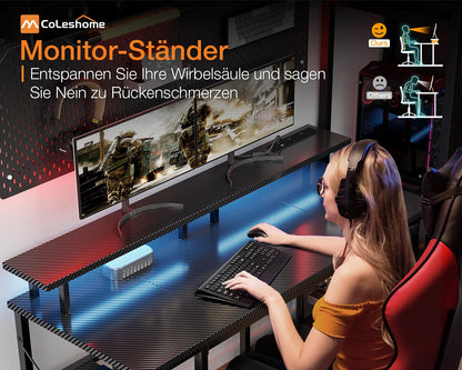 Coleshome Gaming Schreibtisch LED 120x50cm – Schwarz, Steckdosen, Monitorständer