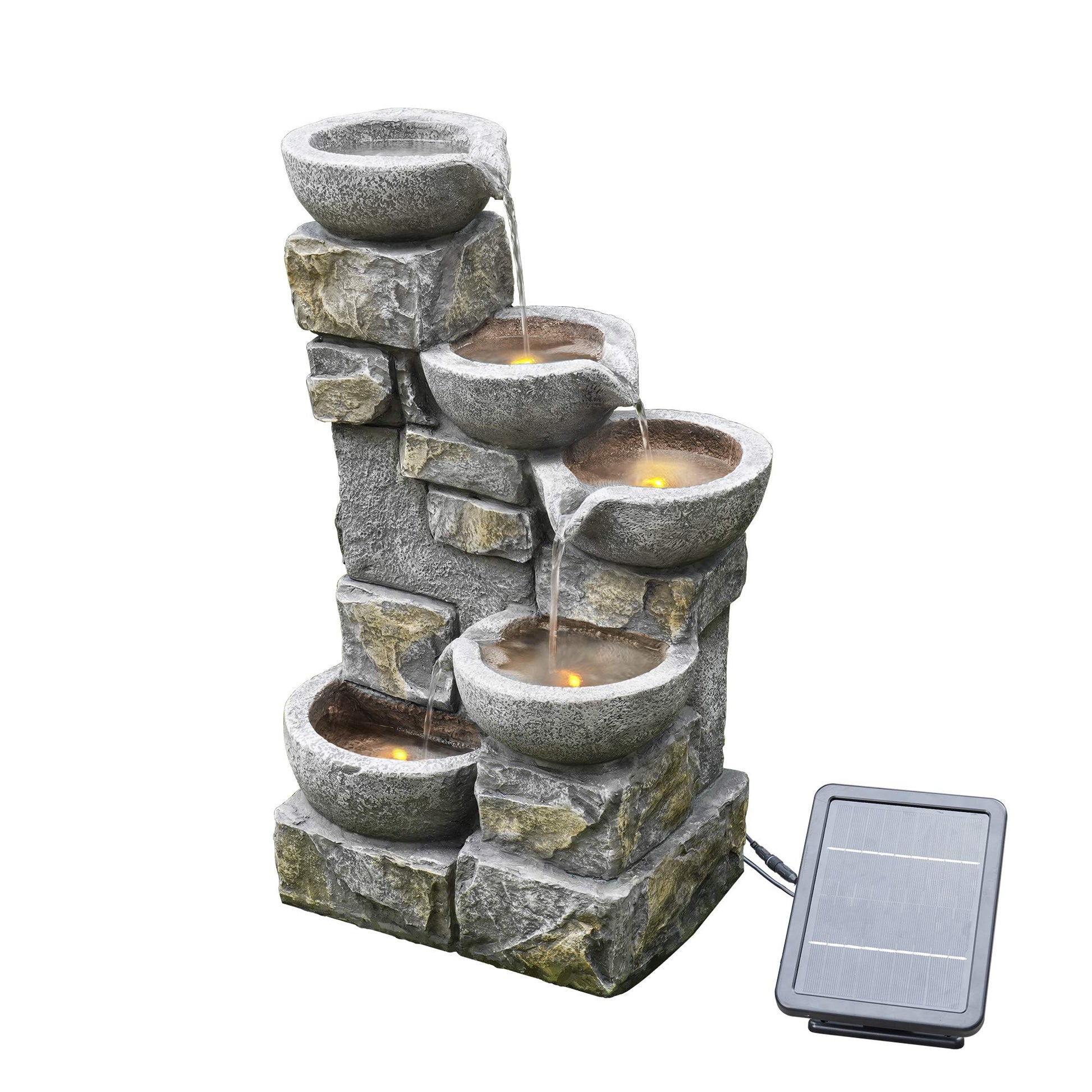 Teamson Home Solar-Wasserbrunnen PT-SF0003, 4-stufig mit LED – Steinoptik mit Ornamenten
