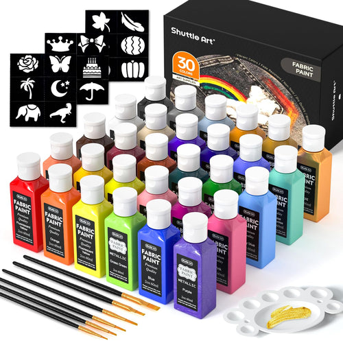 Shuttle Art Textilfarben Set, 30 waschfeste Stoffmalfarben mit Pinseln und Schablonen für Textilien
