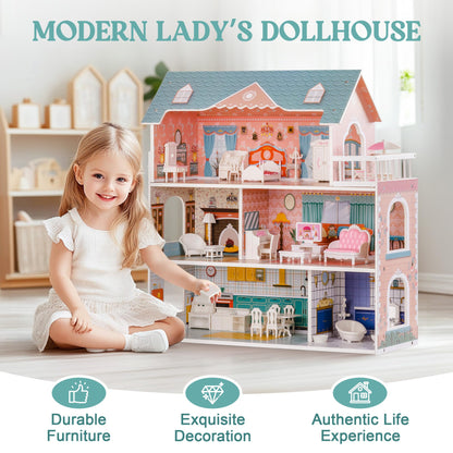 ROBUD Holz-Puppenhaus mit Möbeln & Zubehör – Kinder Spielhaus