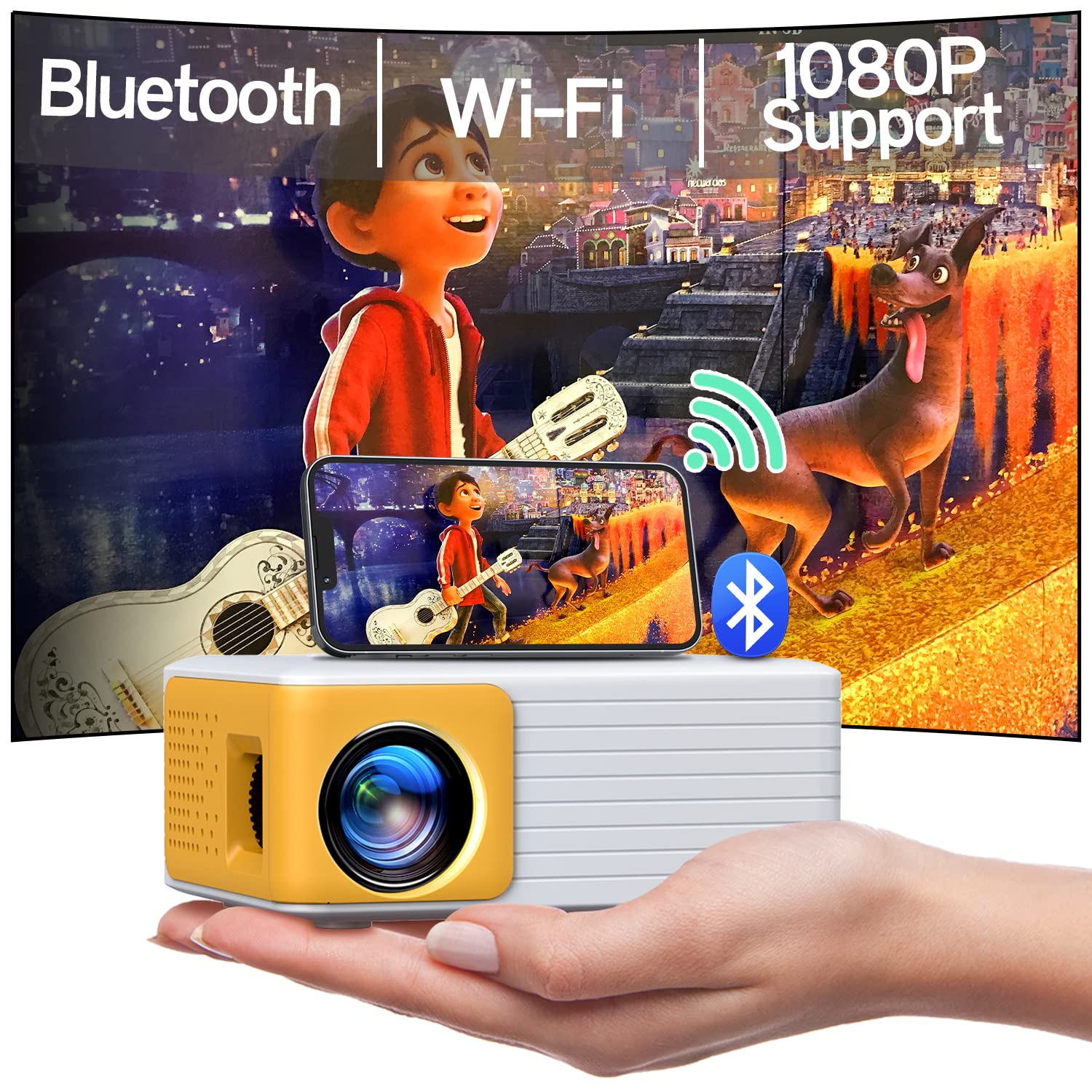 YOTON Mini Beamer Full HD WiFi Projektor Portable. Kompaktes, schwarzes Gerät projiziert Full HD Video auf Leinwand für Heimkino.