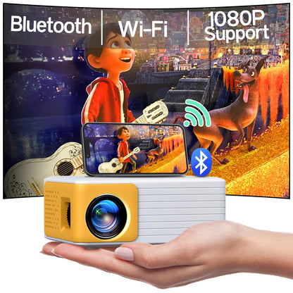 YOTON Mini Beamer Full HD WiFi Projektor Portable. Kompaktes, schwarzes Gerät projiziert Full HD Video auf Leinwand für Heimkino.
