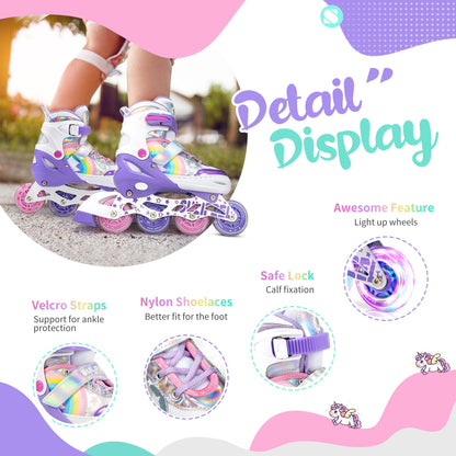 SULIFEEL Rainbow Unicorn Inlineskates für Kinder mit Leuchträdern