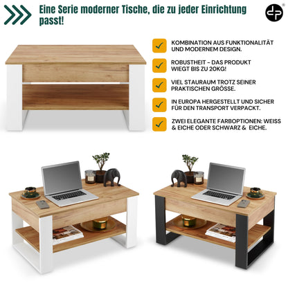 defiPad Höhenverstellbarer Ausziehbarer Couchtisch - Weiss Eiche