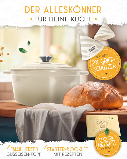 KRUSTENZAUBER Gusseisen Topf als Schmortopf mit Deckel - 26cm Emaille Topf als Gusseisen Bräter oder Brotbacktopf - Backofengeeigneter Dutch oven Cast Iron Pot als hochwertiger Kochtopf inkl. Rezepte