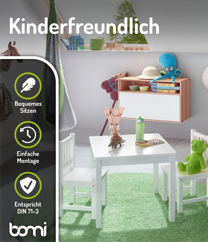 Bomi Kindersitzgruppe Amy Holz – Kindertisch Set 2 Stühle Weiss