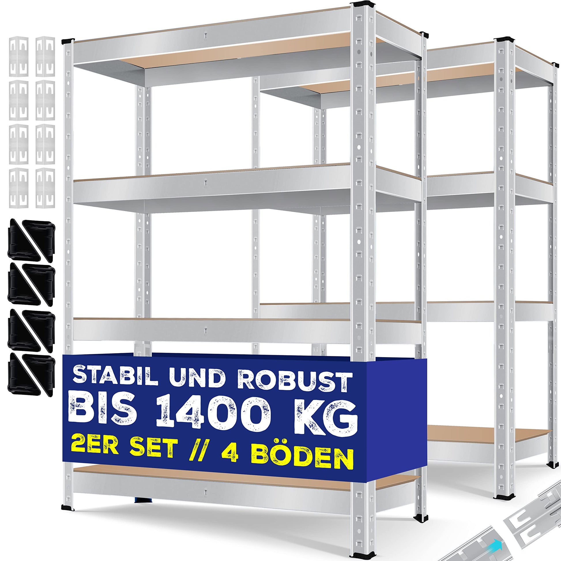 MASKO Schwerlastregal 2er-Set, Kellerregal 160 x 80 x 40 cm, Silber, Metallrahmen mit vier MDF-Böden
