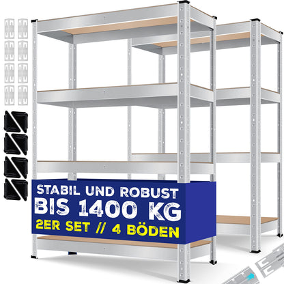 MASKO Schwerlastregal 2er-Set, Kellerregal 160 x 80 x 40 cm, Silber, Metallrahmen mit vier MDF-Böden
