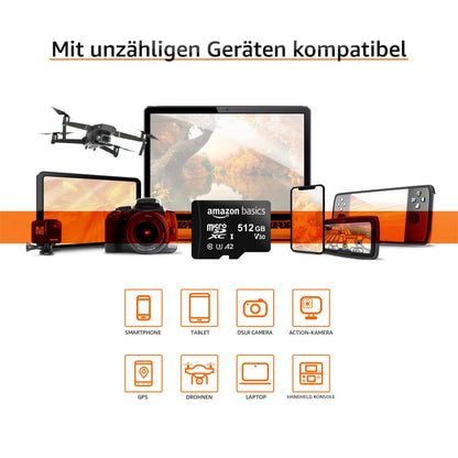 Amazon Basics microSDXC Speicherkarte 512 GB, U3, A2, mit SD-Adapter