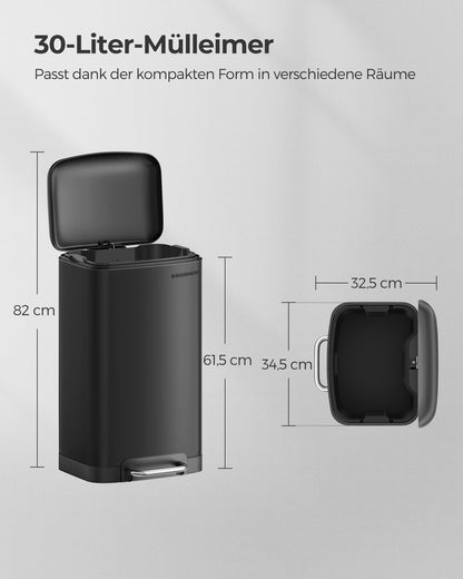 SONGMICS Tretmülleimer 30 l, Stahl, Soft-Close-Deckel, schwarz