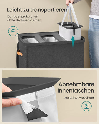 SONGMICS Wäschesortierer 190 L, 3 Fächer, mit Deckel, tintenschwarz