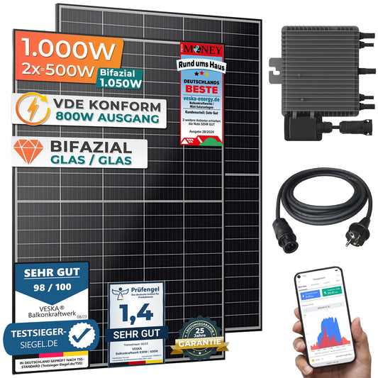 Balkonkraftwerk Bifazial Glas/Glas Steckerfertig Mini-PV - 1000W/800W. Dunkle PV-Module erzeugen Strom für den Balkon.