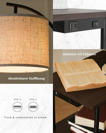 LuminexDesigns Vintage Stehlampe mit Tisch, USB & Typ-C Holz