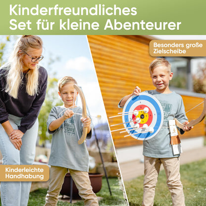 BOWRILLA Pfeil und Bogen Set für Kinder, Holz, mit 6 Saugnapf-Pfeilen