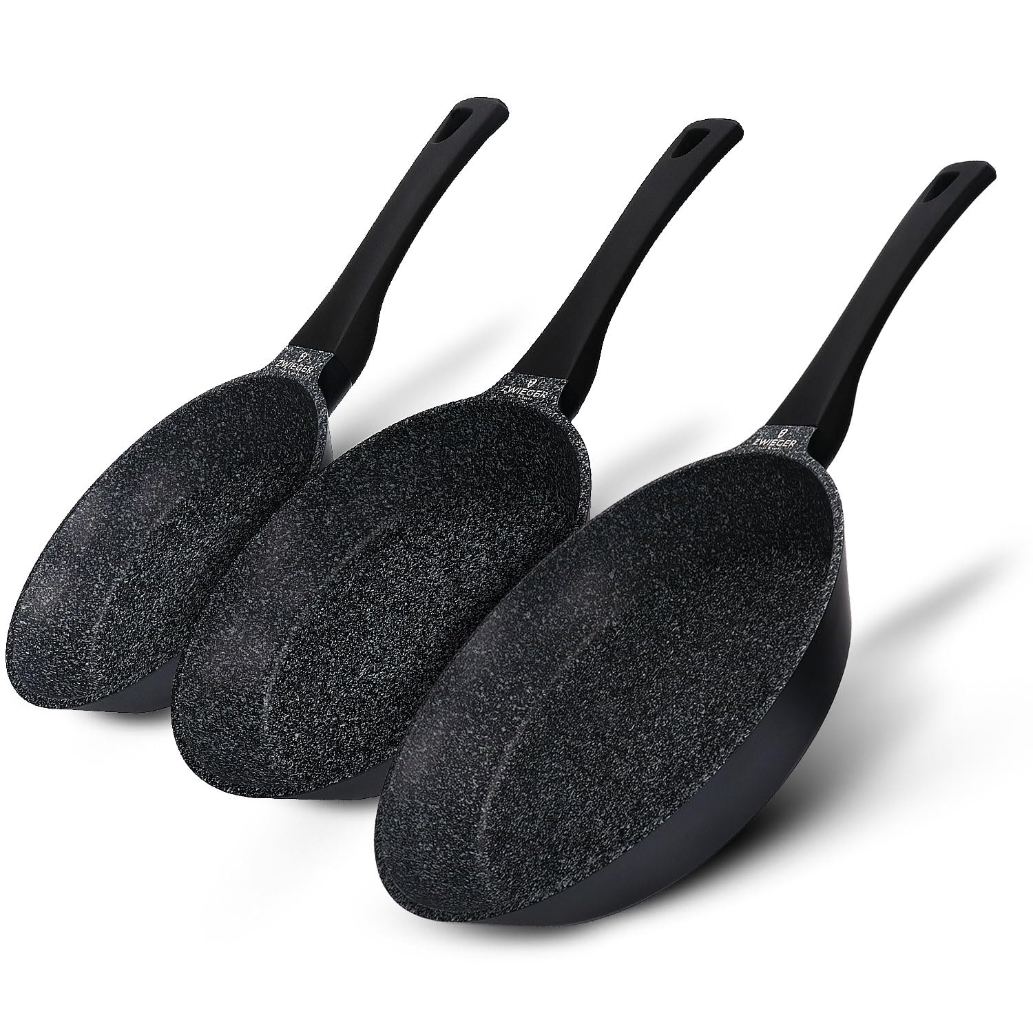 ZWIEGER Aluguss Pfannenset Induktion - 3-teilig 20/24/28 cm. Dunkle, runde Aluguss-Bratpfannen für Induktionsherde.