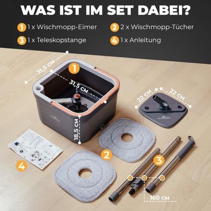 ALANBERG® Wischmopp Set mit Eimer 2-Kammer System – Grau
