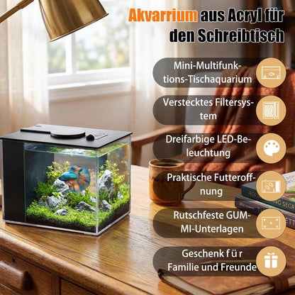 Vehipa Mini Aquarium Komplettset 3,7 L mit Filter und LED, Schwarz