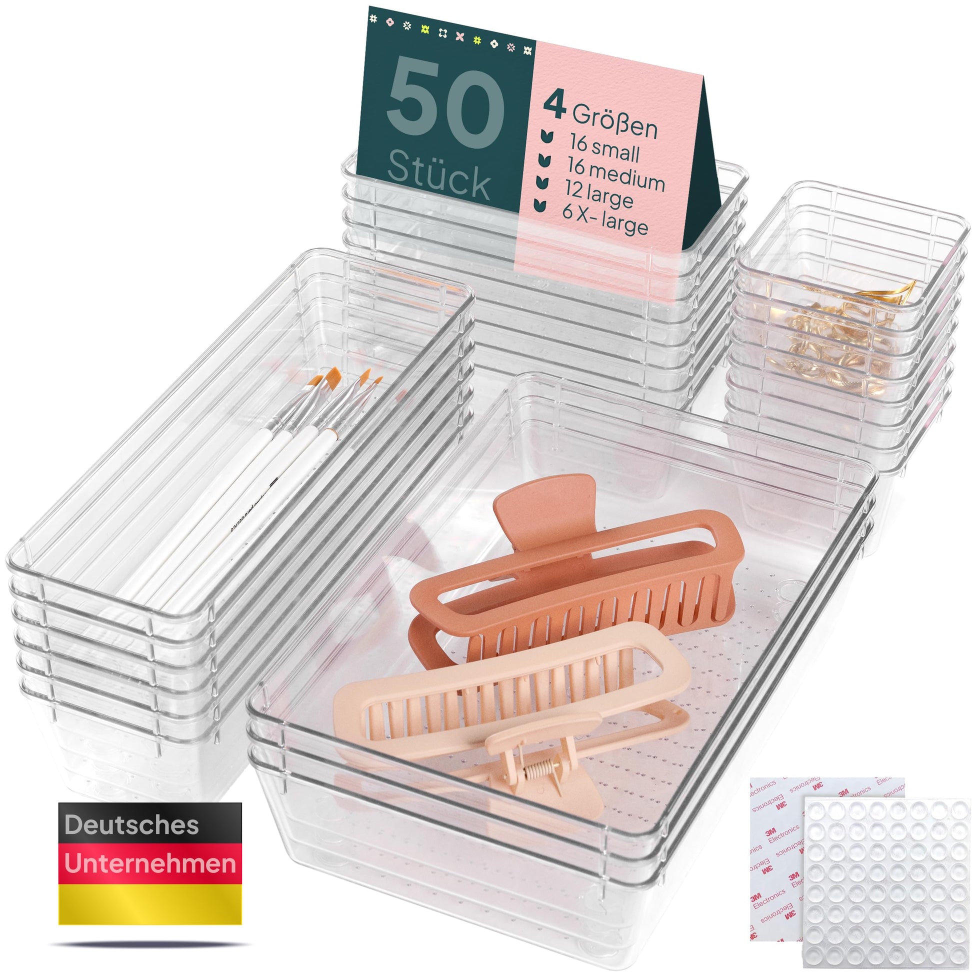 uandu Schubladen-Organizer 50er-Set, 4 Grössen für Bad, Küche und Büro, transparente Fächer