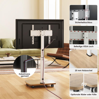 AOKCOS TV Ständer rollbar mit Holzablage für 32-65 Zoll, Weiss/Natur