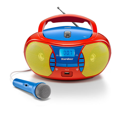 Karcher RR 5026 Kinderradio – CD-Player, UKW-Radio & Mikrofon mit buntem Gehäuse in Rot, Blau und Gelb