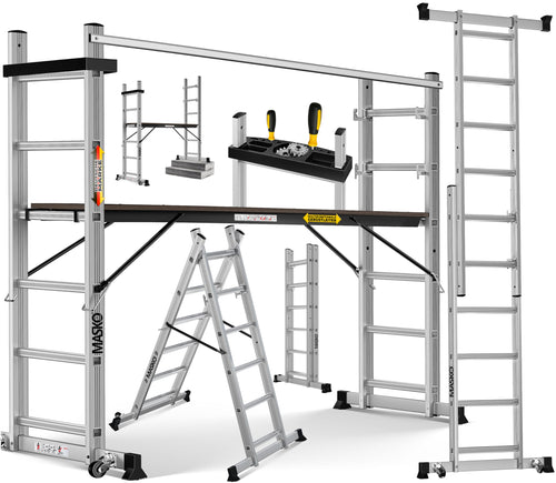 MASKO Alugerüst 4in1 – Arbeitsgerüst und Leiter bis 150 kg, Aluminium, mit Arbeitsplattform