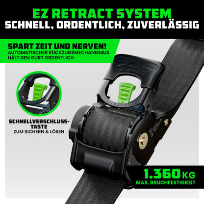 Rhino USA Selbstaufrollende Spanngurte 2er-Pack, 5 cm x 3 m, Schwarz