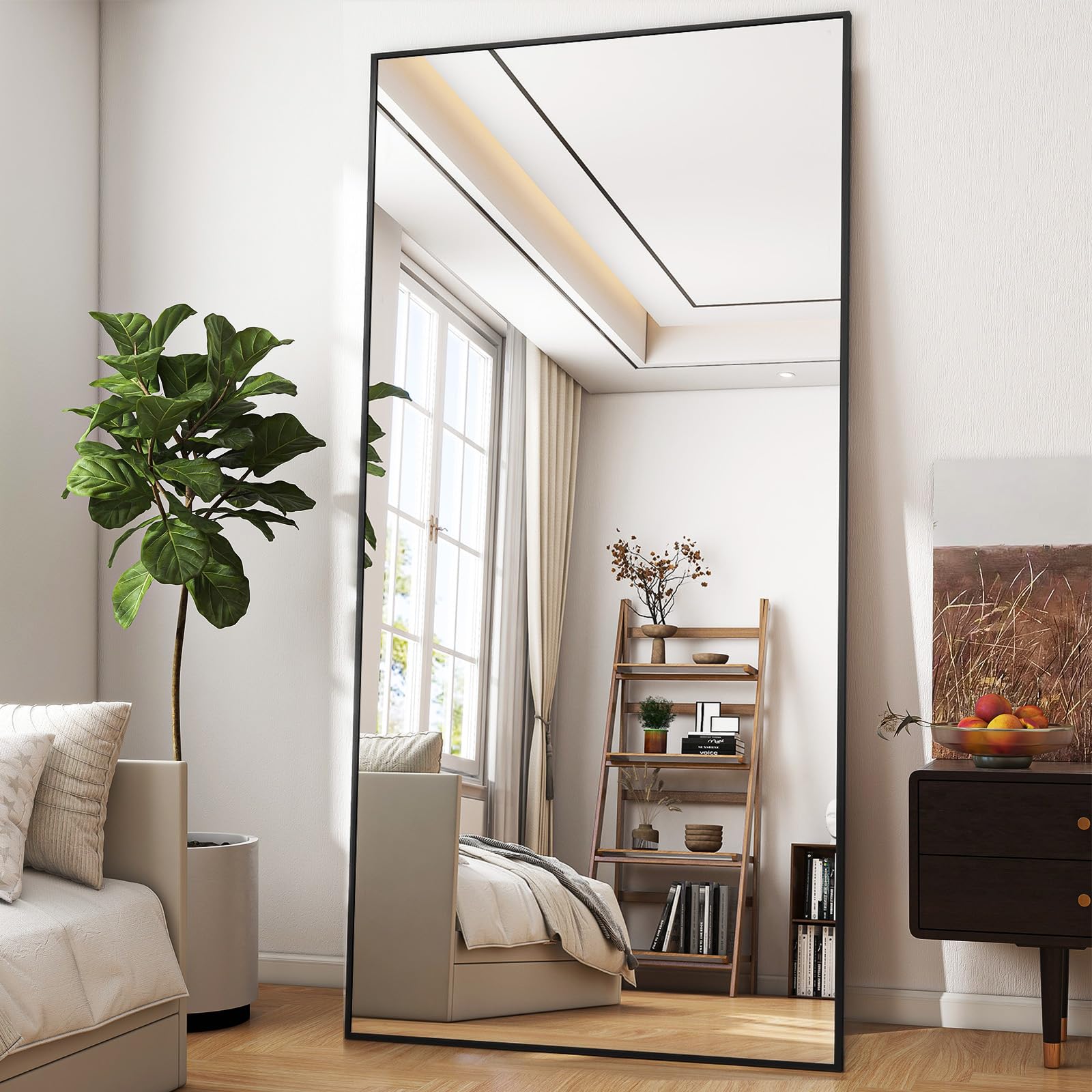 BEAUTYPEAK Übergrosser Ganzkörperspiegel 76x180 cm - Schwarz. Rechteckiger Spiegel mit schwarzem Rahmen zur Ganzkörperreflexion.