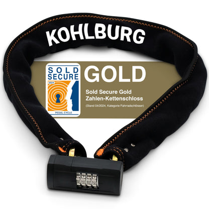 KOHLBURG Massives Zahlenschloss Kettenschloss 110cm Sold Secure GOLD