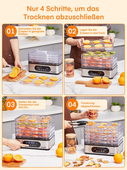 FOHERE Dörrautomat Edelstahl – 5 höhenverstellbare Tabletts