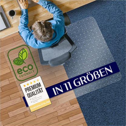 ECOMAT Bodenschutzmatte PET Transparent für Hartböden – 120x150 cm. Rechteckige, transparente Matte schützt Hartböden vor Abnutzung durch Bürostuhlrollen.