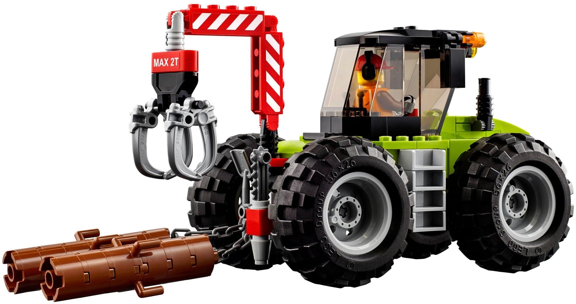 LEGO City Forsttraktor 60181: Grüner Traktor mit Kran und Anhänger. Zum Verladen und Transportieren von Baumstämmen in der Forstwirtschaft.
