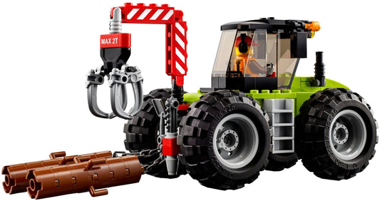 LEGO City Forsttraktor 60181: Grüner Traktor mit Kran und Anhänger. Zum Verladen und Transportieren von Baumstämmen in der Forstwirtschaft.
