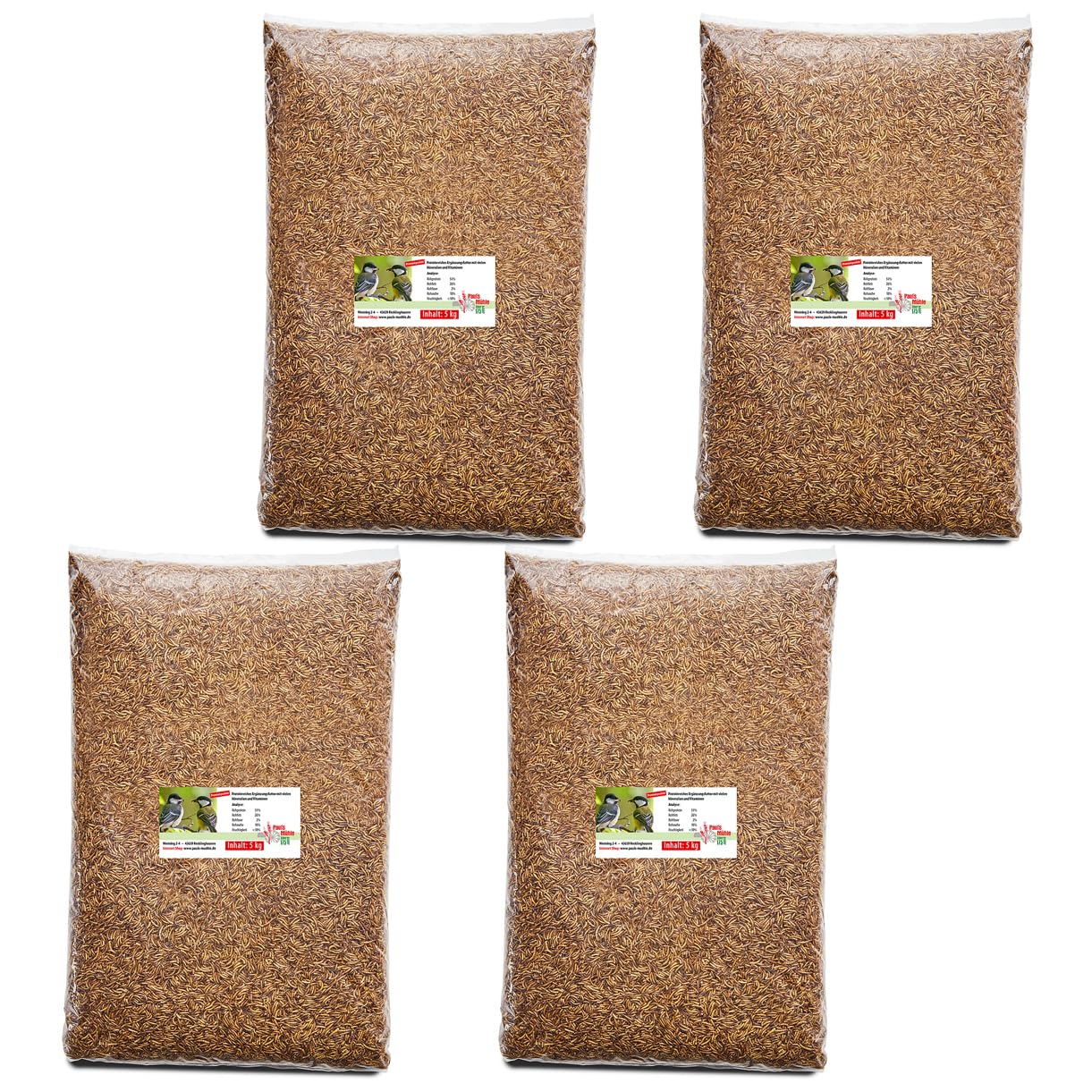 Pauls Mühle Mehlwürmer getrocknet Premium Tierfutter – 20 kg. Gelbbraune, längliche Larven; Proteinfutter für Vögel, Reptilien, Igel.