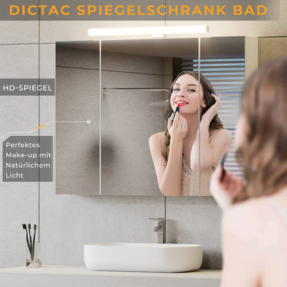 DICTAC Spiegelschrank Bad – 80x60cm Beleuchtung, Steckdose, 3 Türen
