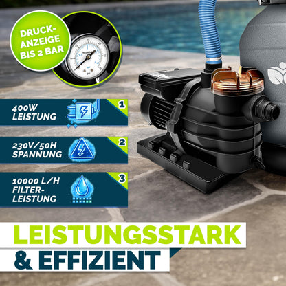 tillvex Sandfilteranlage Pool 10 m³/h mit 7-Wege-Ventil, Grau