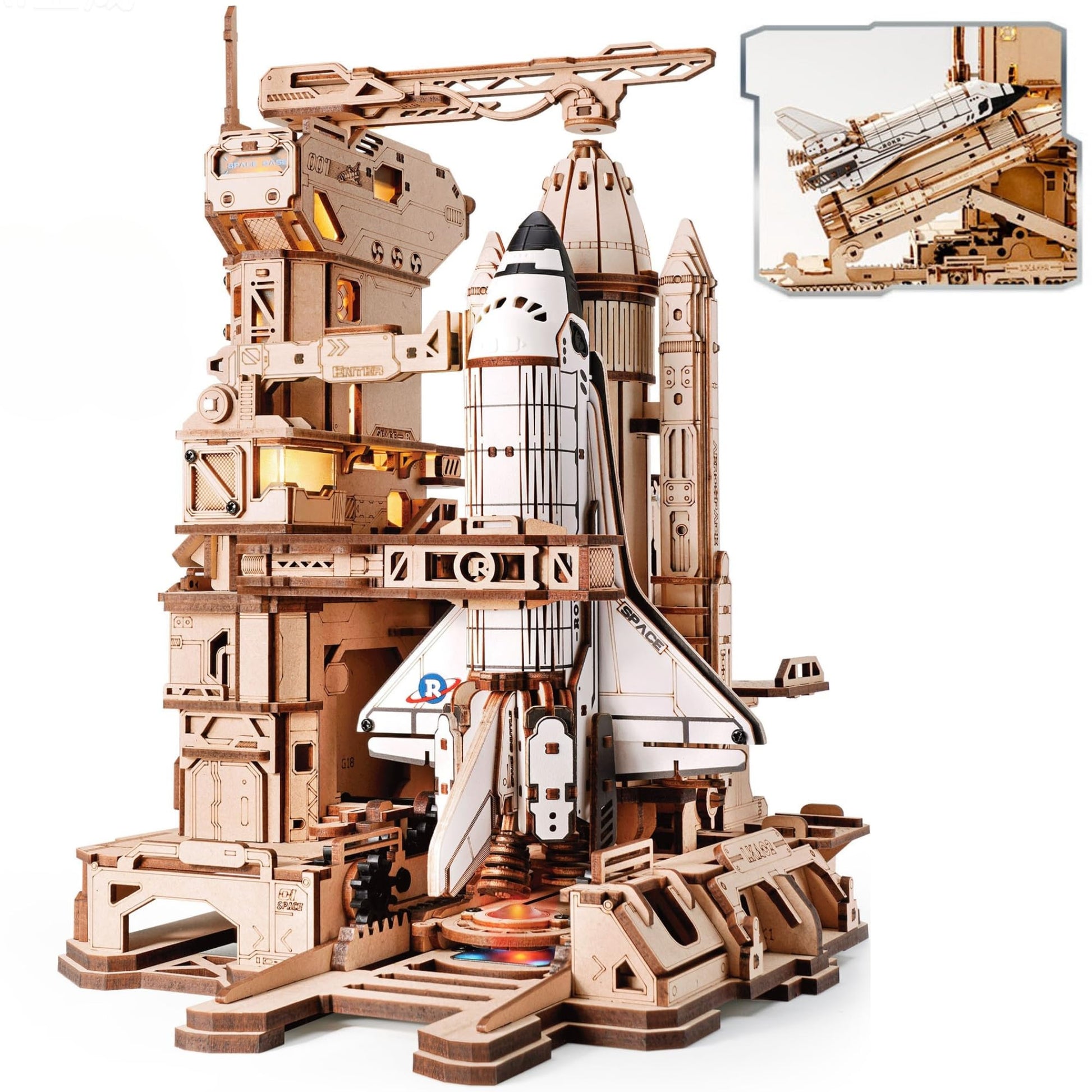 ROKR Space Shuttle LKA02 3D Holzpuzzle Modellbausatz mit Startbasis aus Holz mit Beleuchtung