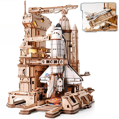 ROKR Space Shuttle LKA02 3D Holzpuzzle Modellbausatz mit Startbasis aus Holz mit Beleuchtung