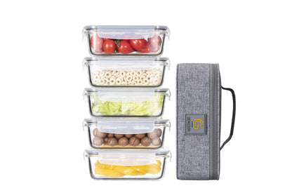 GENICOOK Lunchbox Bento Brotdose Glas 5 x 840 ml mit Lunchtasche