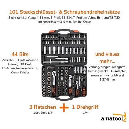AmatoolZ Ratschenkoffer 171-teilig mit Steckschlüsseln und Bits