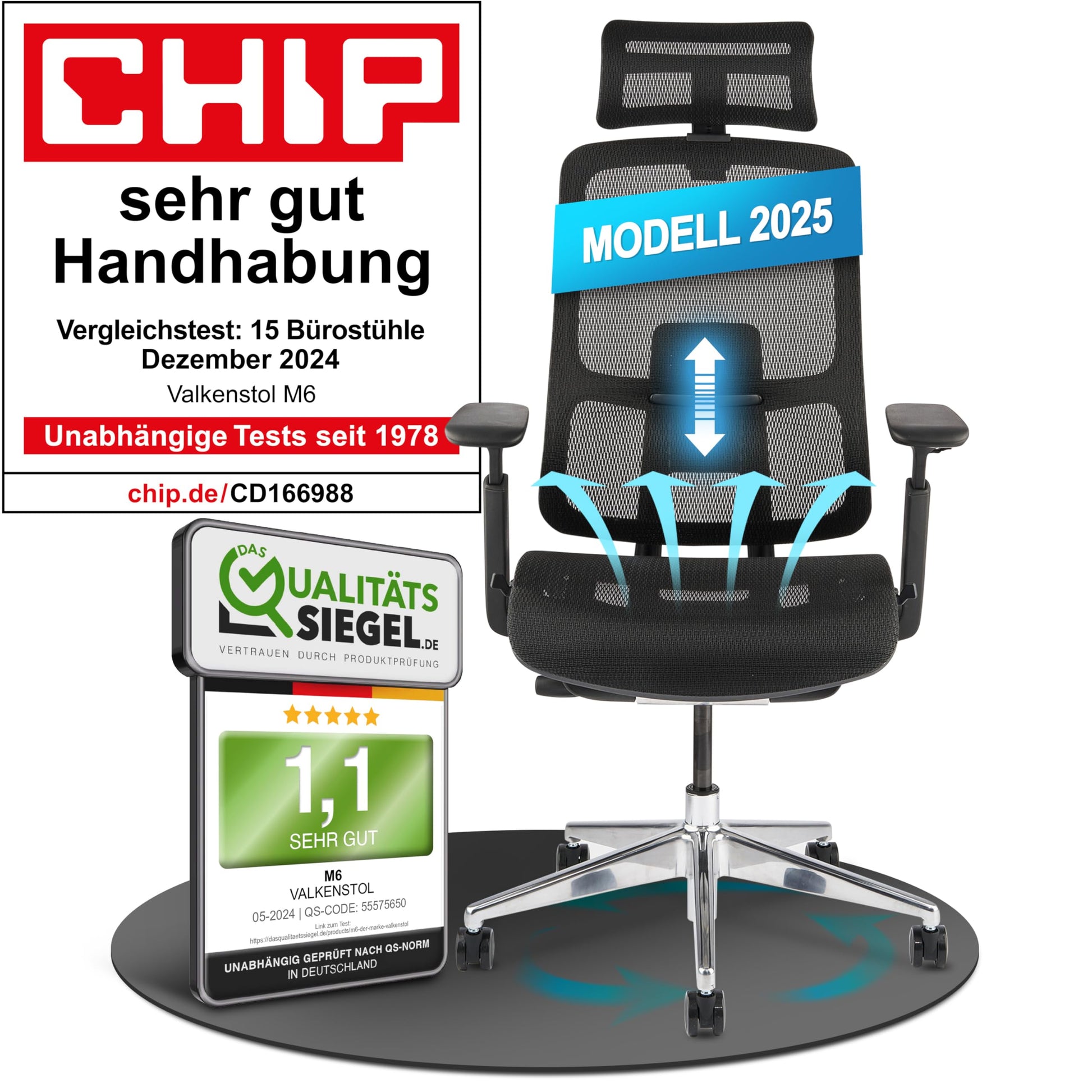 VALKENSTOL M6 Bürostuhl Ergonomisch. Schwarzer Bürostuhl mit Mesh-Rückenlehne. Für gesunde Sitzhaltung grosser Nutzer.