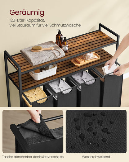 VASAGLE Wäschekorb 4 Fächer, 2 Ablagen - Vintagebraun-Schwarz BLH214B01