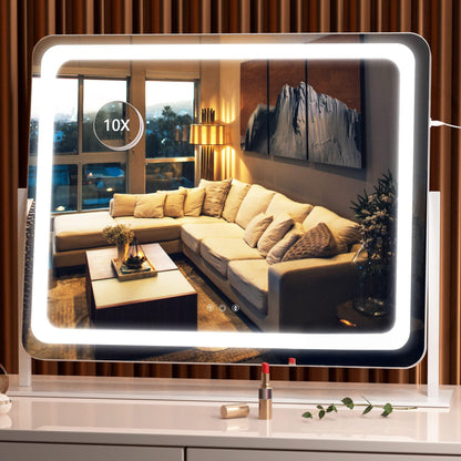 Hasipu Schminkspiegel mit Beleuchtung, 55 x 45 cm LED Kosmetikspiege mit 10x Vergrößerung, 3 Farbtemperatur Licht, Dimmbar, Smart Touch Control Tischspiegel, 360° Drehung, Spiegel für Make-up Weiß